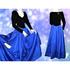 VTG New Old Stock S/XS Laura Ashley Formal Gown Black Velvet Blue Long Sleeve